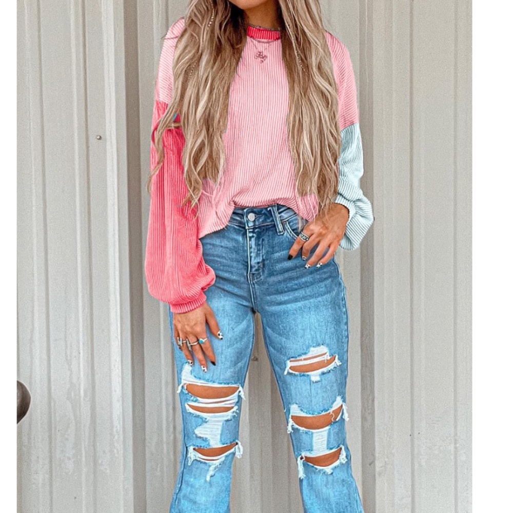 NWT Pink Corded Colorblock  Long Sleeve Top